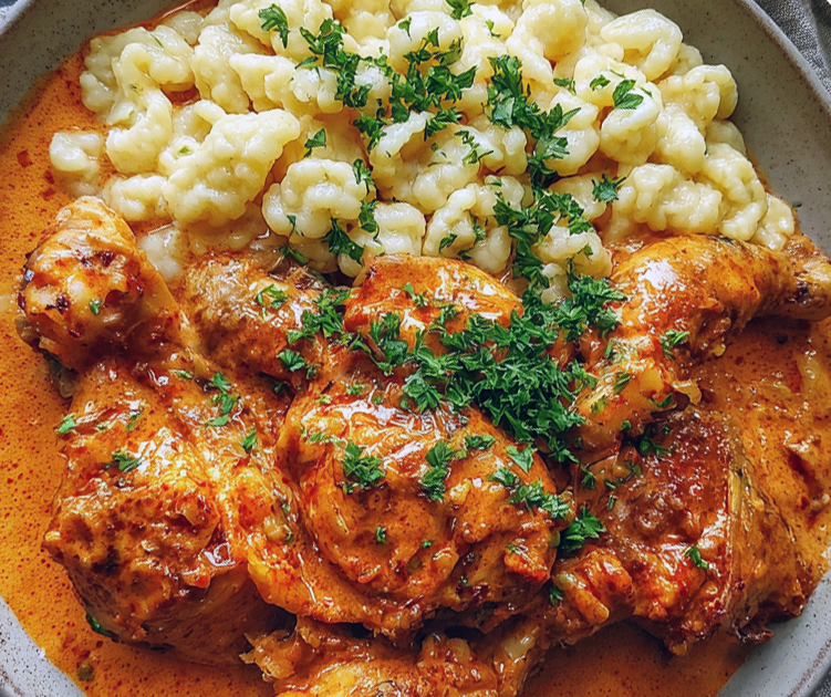 chicken paprikash served on a plate with pasta
