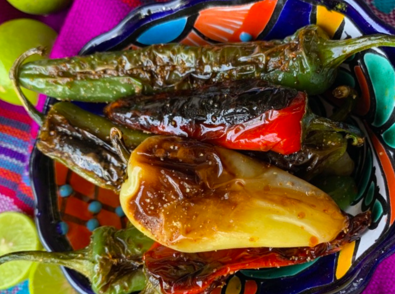 chiles toreados, Mexican blistered peppers arranged on a plate