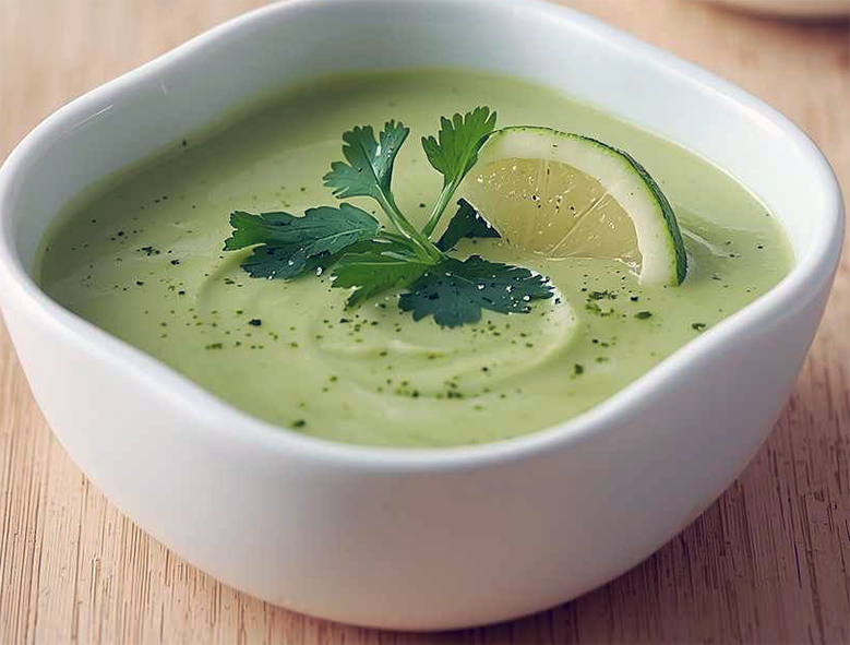 chilled lime and avocado soup garnished with a parsley sprig and a wedge of lime in a soup dish