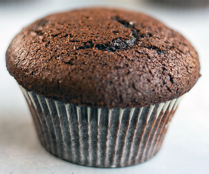 chocolate diabetic friendly cupcake in a paper case on a white table top