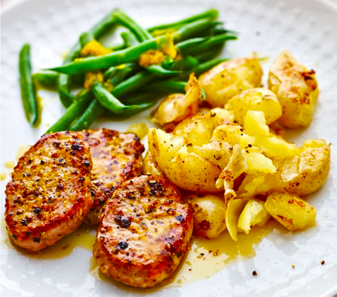 citrus pepper pork served with crushed potatoes and green beans