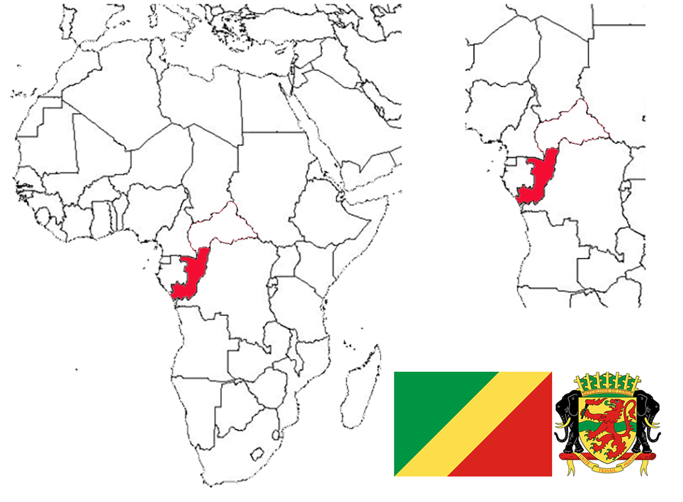 image of the Republic of the Congo, in relation to Central Africa (right) with the flag and coat of arms inset