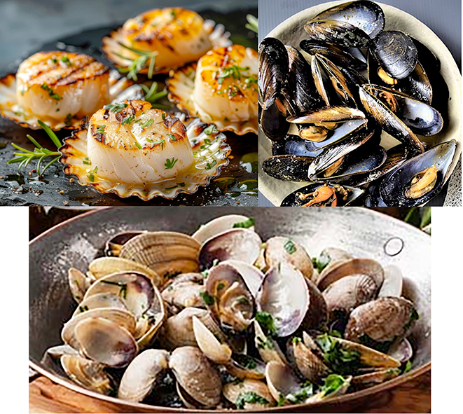 Cooked scallops, clams and mussels.