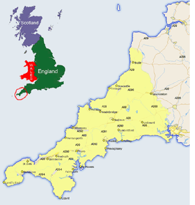 Location of Cornwall in Great Britain and a map of Cornwall.