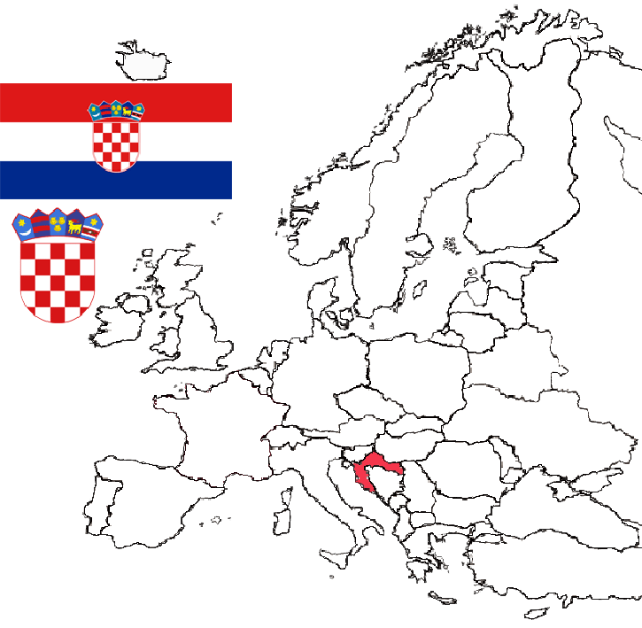 image of Croatia, in relation to Europe with Croatia in Red and the arms and flag of Croatia inset
