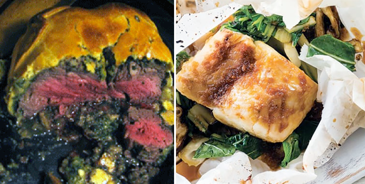 Beef en croûte (left) and fish en papillote (right).