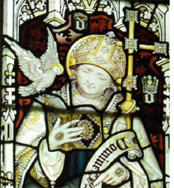 Stained glass image of Dewi Sant (St David).