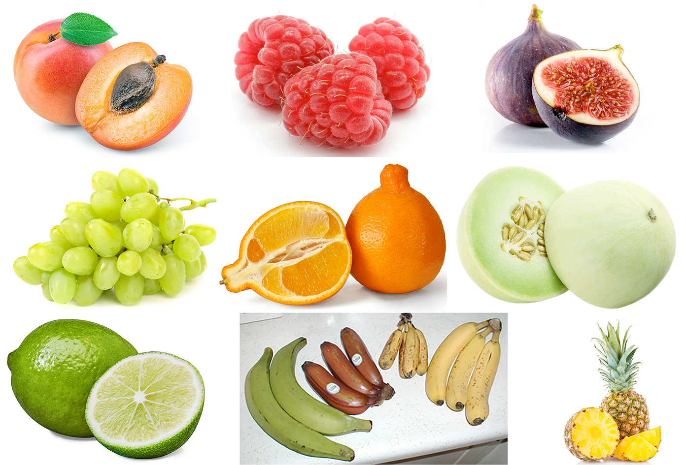 Different fruit tpyes including apricots, raspberry, fig, grape, tangelo, honeydew melon, lime, banana and pineapple.