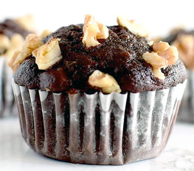 double chocolate muffin with walnuts served on a plate