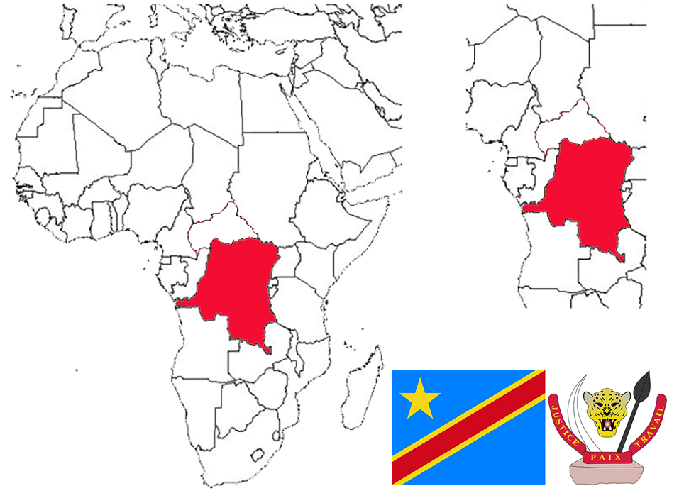 image of the (Democratic Republic of the Congo), in relation to Central Africa (right) with the flag and coat of arms inset