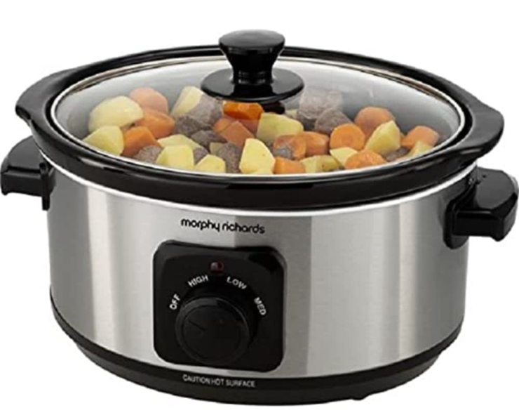 Traditional electric slow cooker with a crock sleeve.