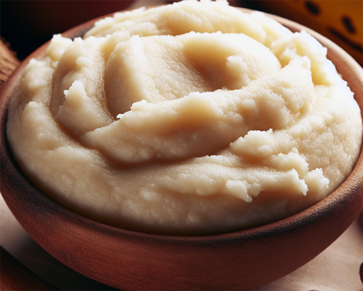 pounded yam flour fufu in a wooden bowl