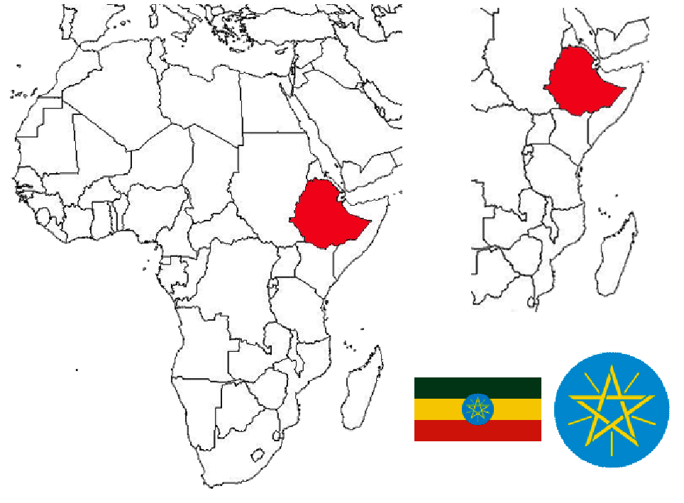 image of Ethiopia, in relation to Africa (left) and the horn of Africa (right).
