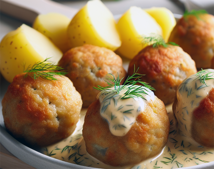 Icelandic fish balls served with potatoes and a white sauce