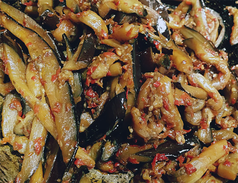 fried aubergine sambal in a wok