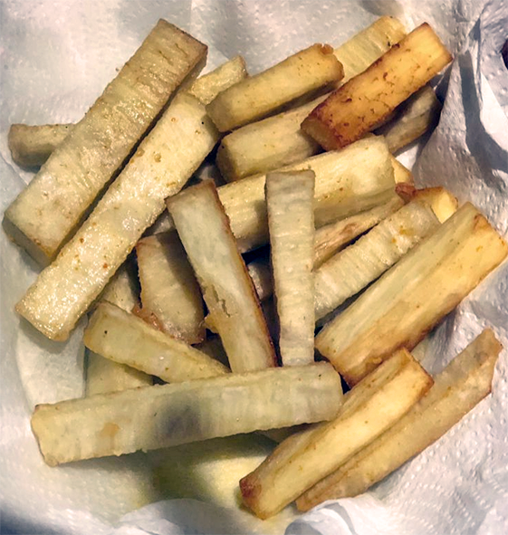 yam chips (fries) arranged on white paper