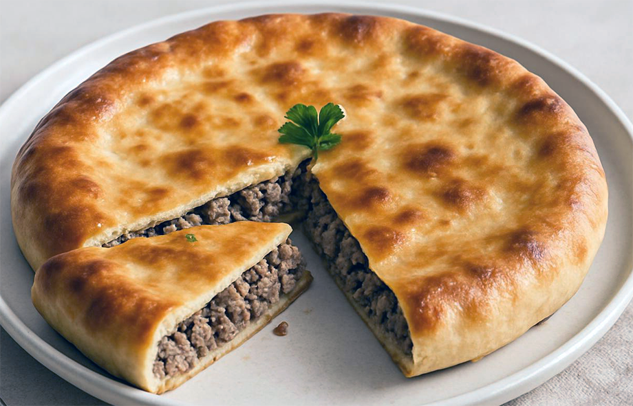 Fydzhin, Ossetian meat pie with a wedge removed to reveal the filling