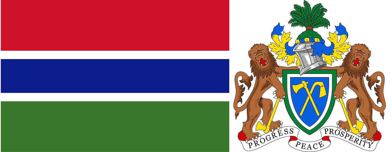 The flag and coat of arms of the Gambia.