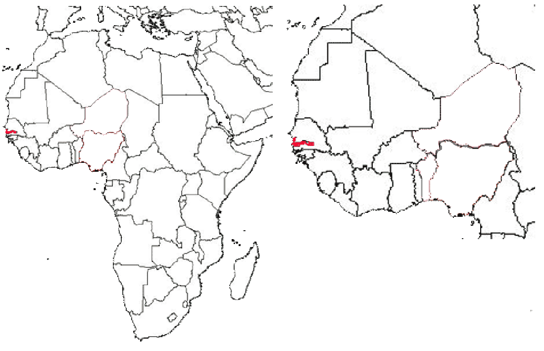 image of The Gambia, in relation to Africa (left) and West Africa (right).