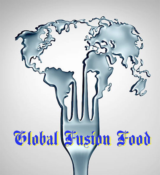 Global fusion food, fork opening out to the globe.