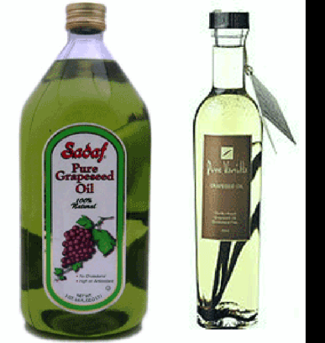 Bottles of pure grapeseed oil and vanilla-infused grapeseed oil