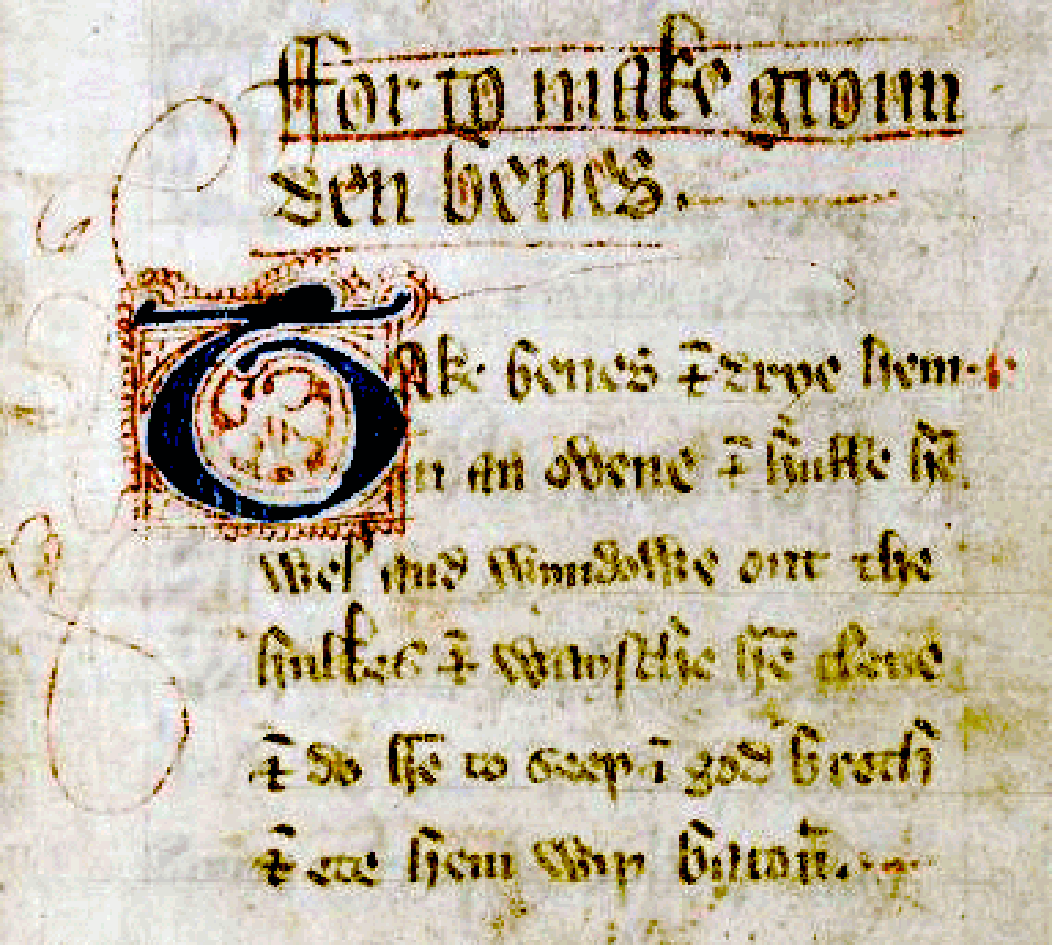 Copy of the very first recipe in the Forme of Cury, to make gronnden beans, as written in the Manchester Rylands Library manuscript version of the text.