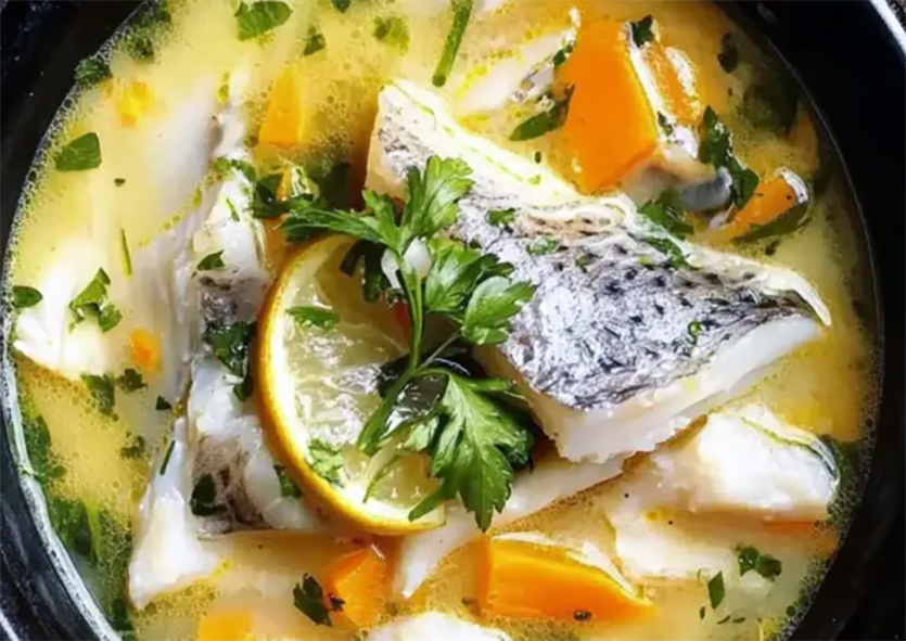 Guernsey conger soup with caoots in a milk base served in a bowl