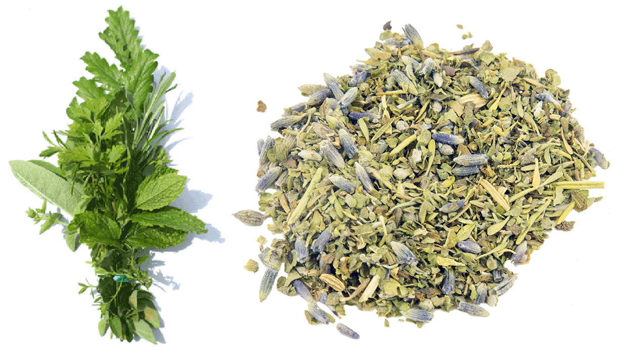 Bunch of fresh herbs and the dried herbes de provence blend.
