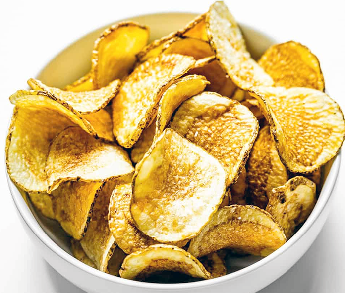 home-made crisps in a white bowl