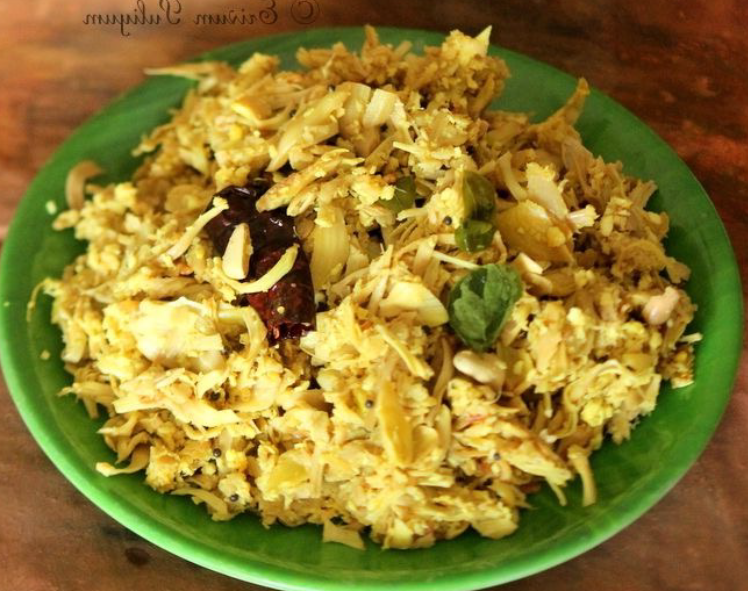 raw jackfruit curry served mounded on a plate
