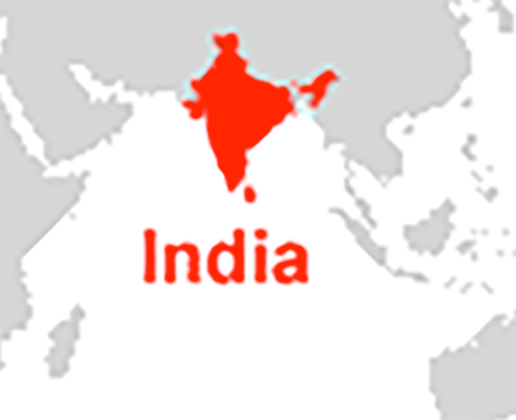 Location of India in South Asia, with East Africa (left), Australia (bottom right) and China (top right).