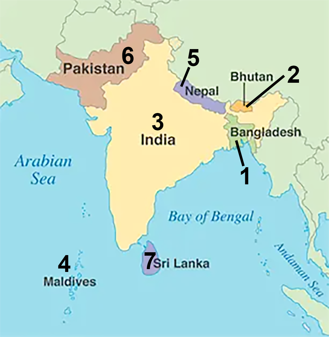 Location of the 7 nations of the Indian Subcontinent.