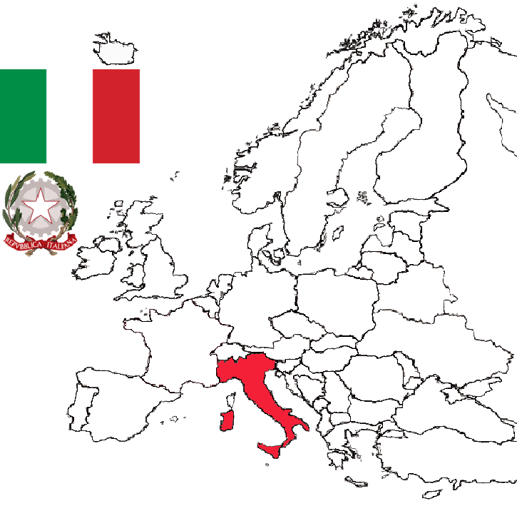 image of Italy, in relation to Europe with Italy in Red and the arms and flag of Greece inset