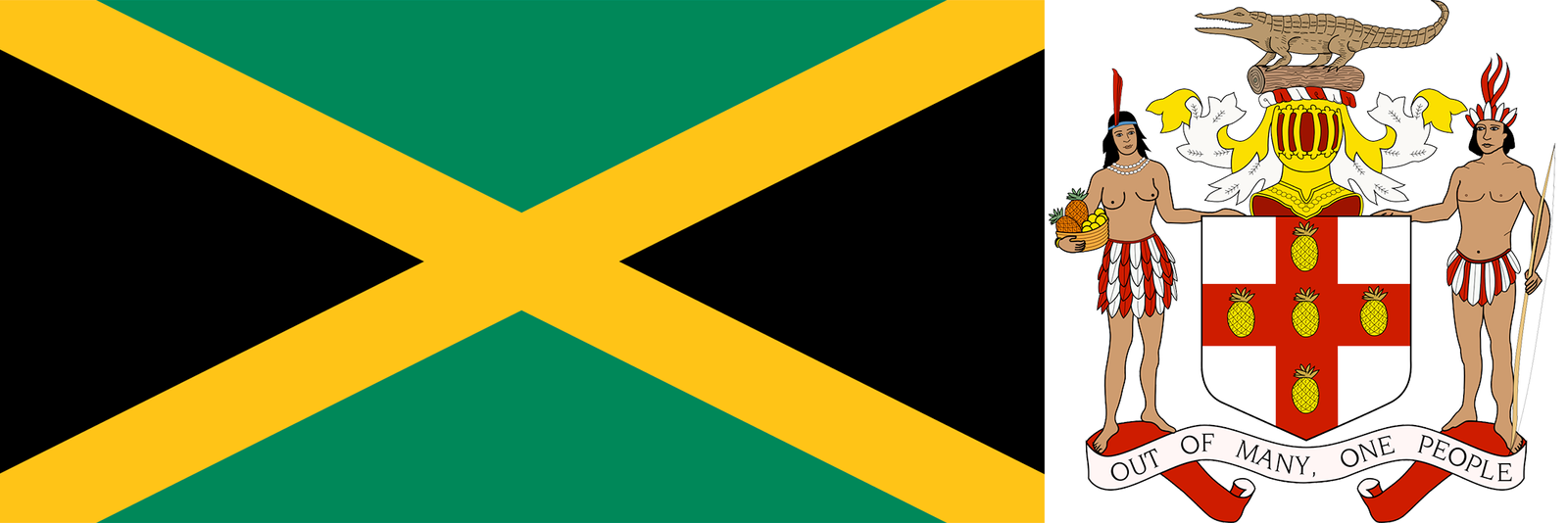 The flag and coat of arms of Jamaica.