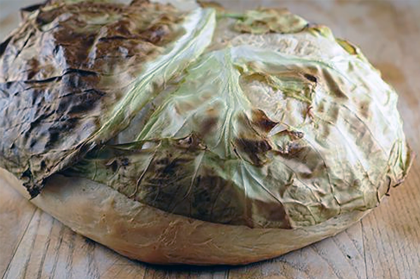Jersey cabbage loaf topped with two cabbage leaves
