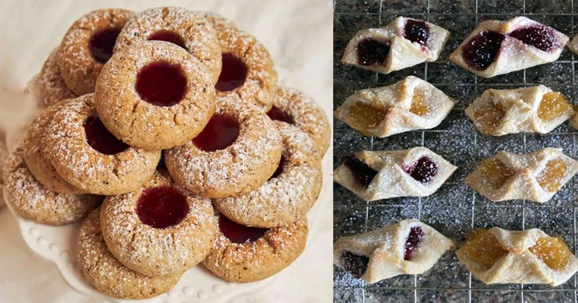 kolacky biscuits showing the thumbprint form, left and the folded form, right
