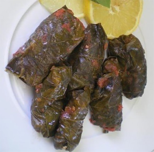 Stuffed vine leaves on a plate with lemon slices