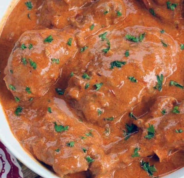 lamb paprikash served in a bowl