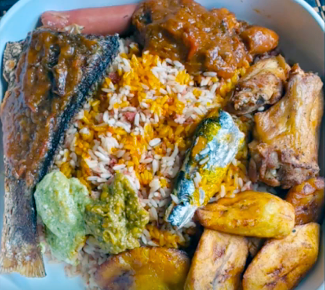liberian dish of rice served with fish, meat stew, fried plantains and chicken