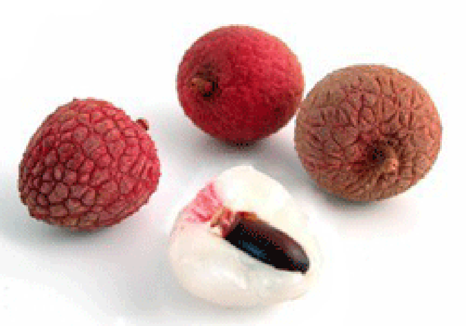 Three whole and one peeled lychee