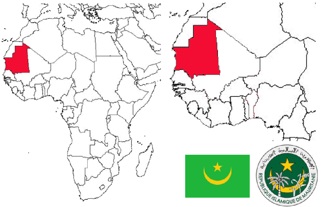 image of Mauritania in relation to<br/>Africa (left) and West Africa (right) with the flag and coat of arms inset