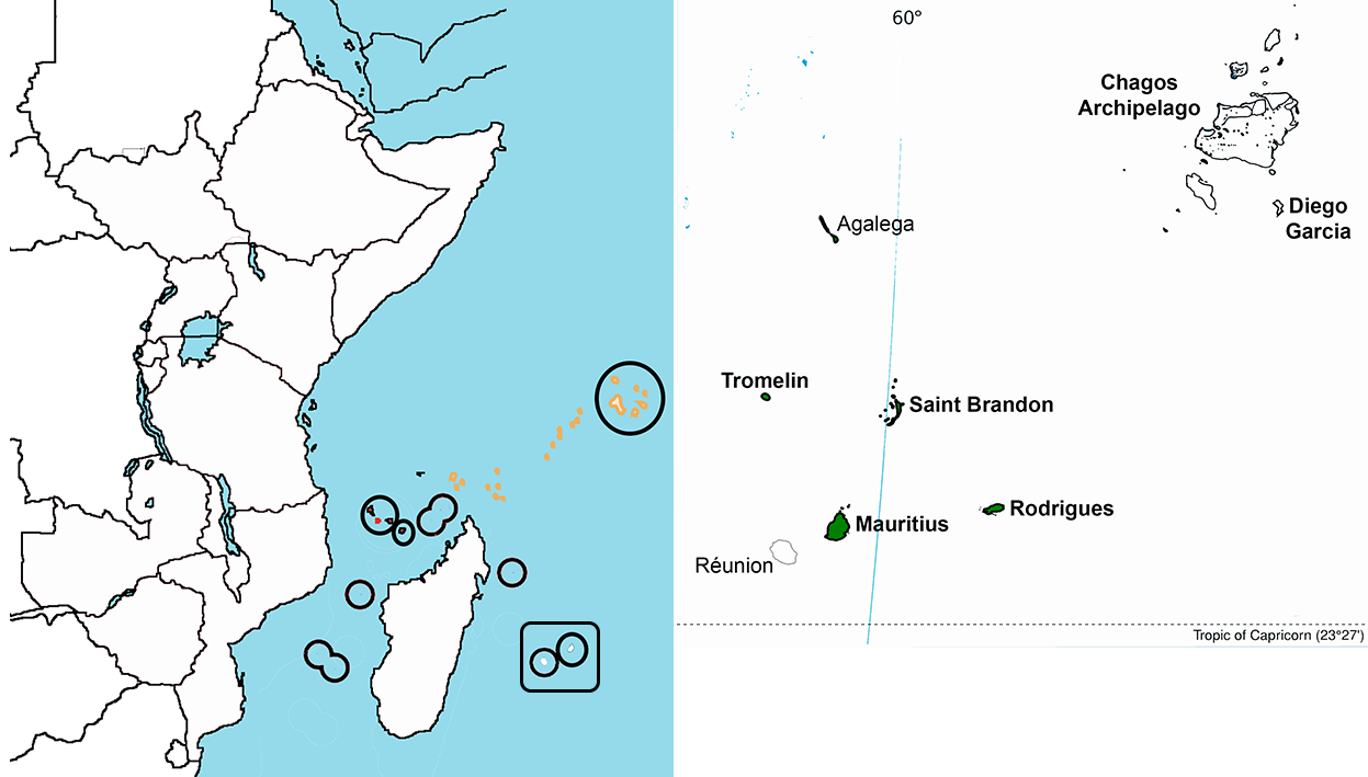 image of Mauritius, in relation to East Africa, with an expanded view of the Mauritian islands
