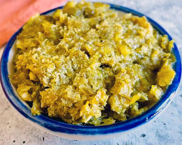 Mauritian mazavaroo, chilli paste served in a small bowl