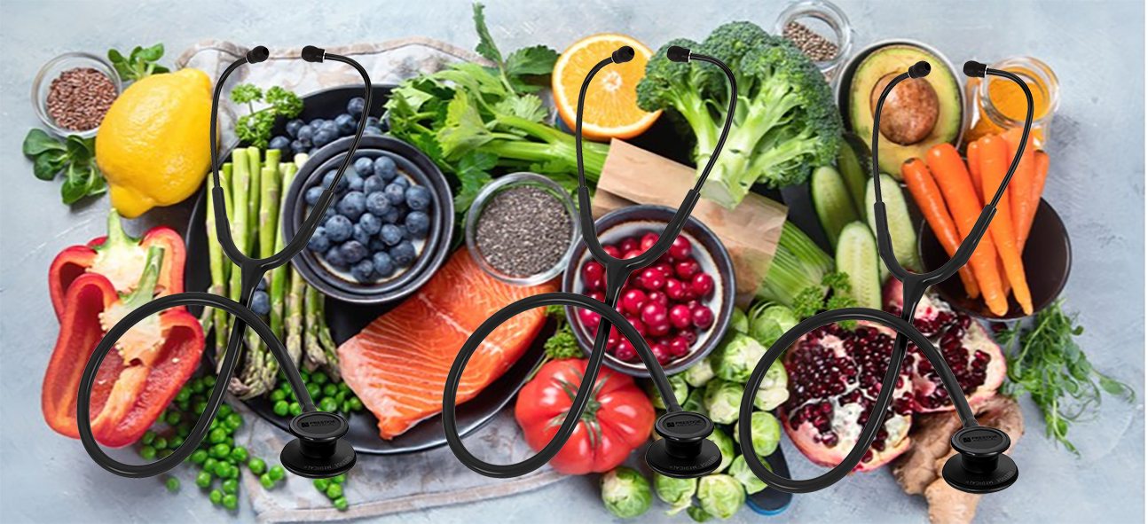 A selection of potentially medicinal foods overlaid with stethoscopes.