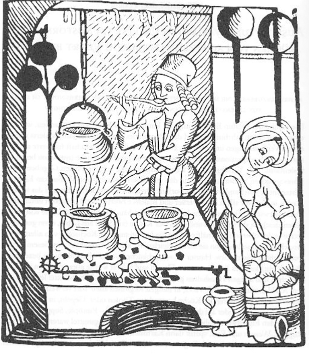 Woodcut depicting a medieval kitchen