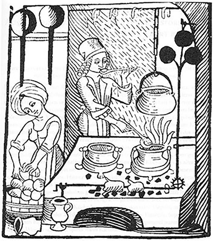 Copy of a woodcut showing a man and a woman in period costume in a medieval kitchen.
