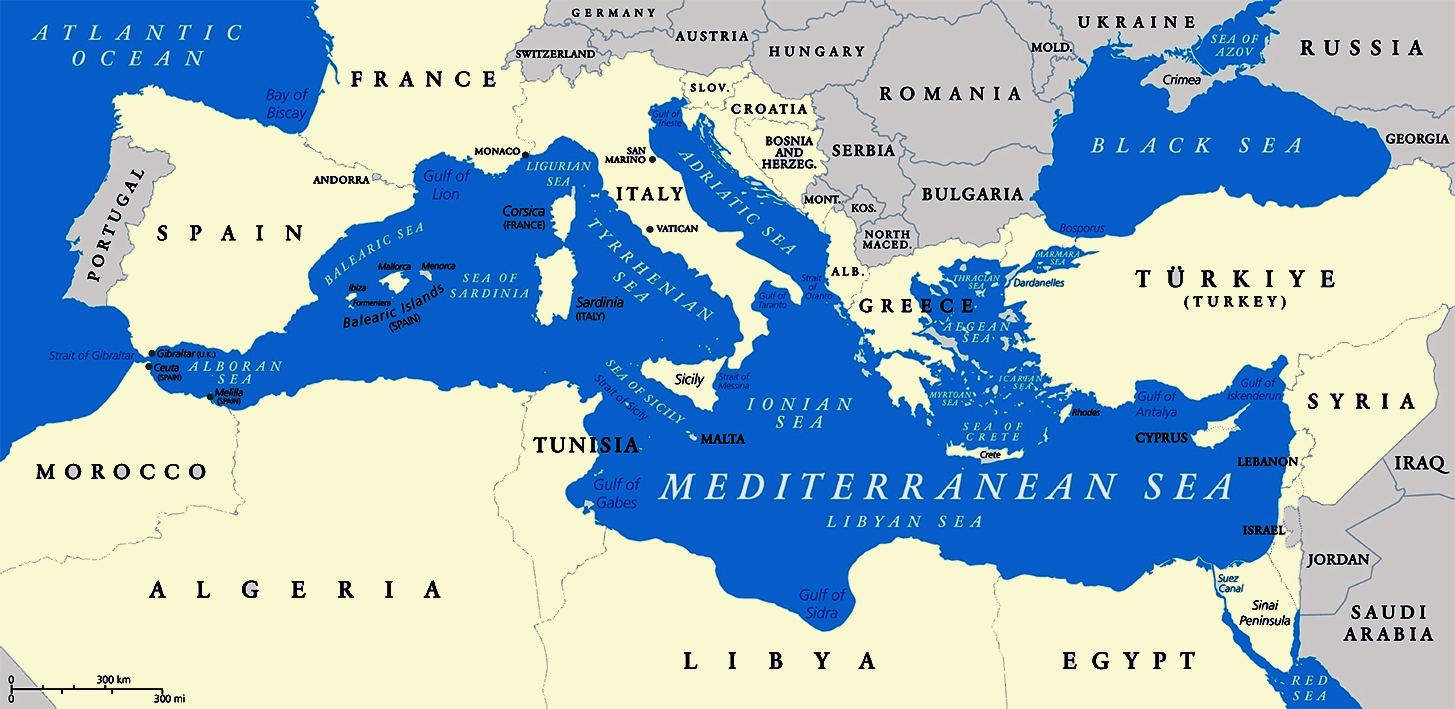 Map showing the extent of the Mediterranean region with the countries coloured yellow.