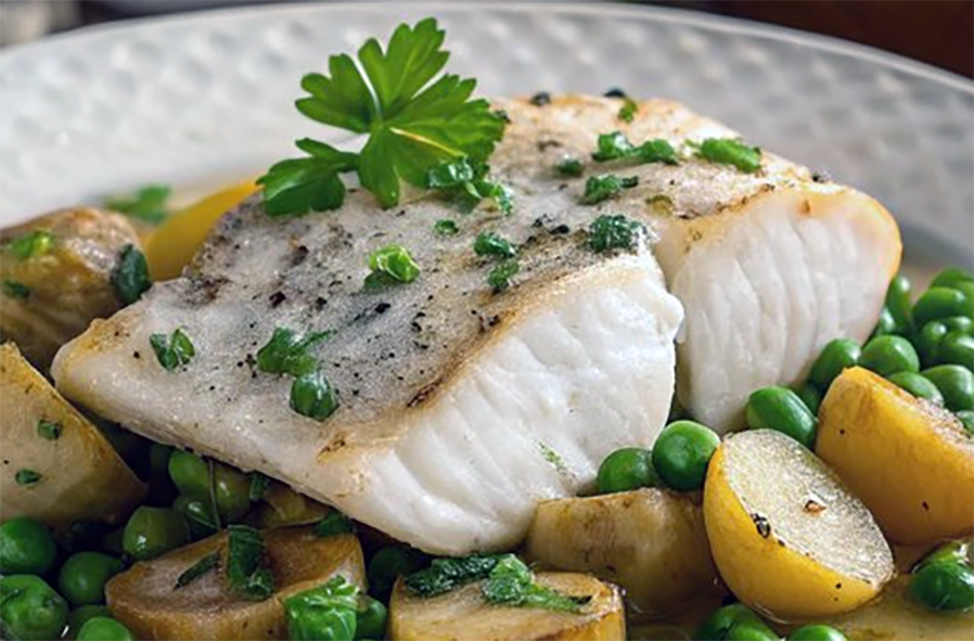 galician stype hake served on a bed of potatoes and peas