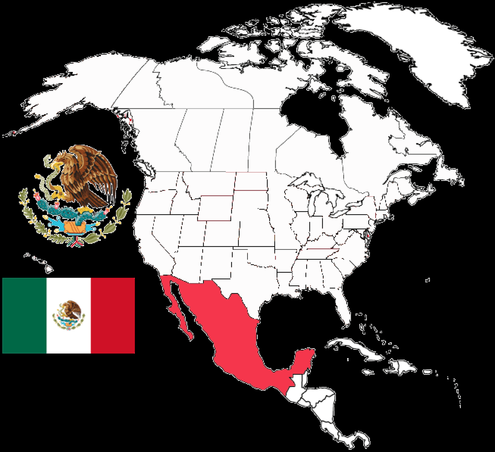 image of Mexico, in relation to the USA and Canada in North America with Mexico in Red and the Mexican flag inset