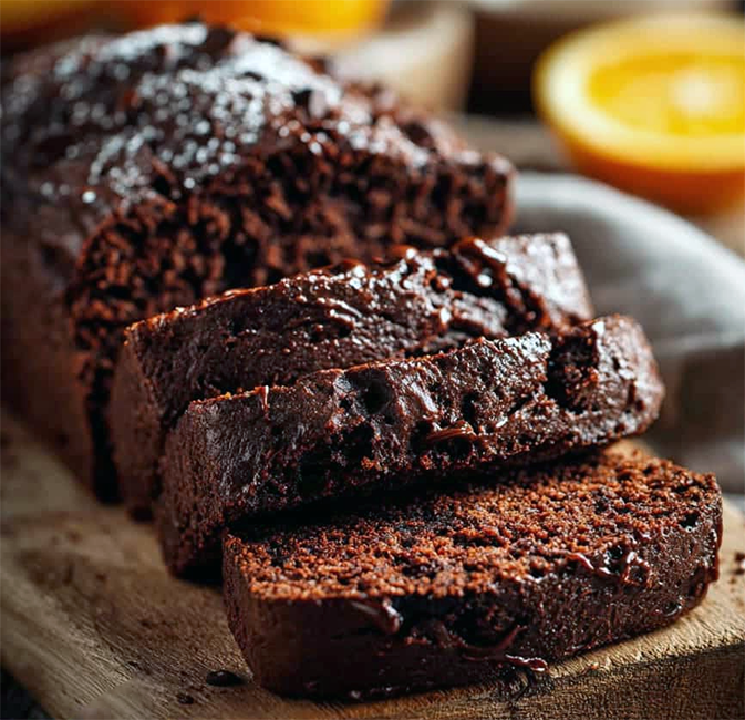 Microwave chocolate and orange loaf cake sliced on a wooden board
